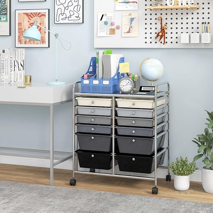 Giantex 12 Drawer Rolling Storage Cart Tools Scrapbook Paper Office School Organizer (Black Gradient)