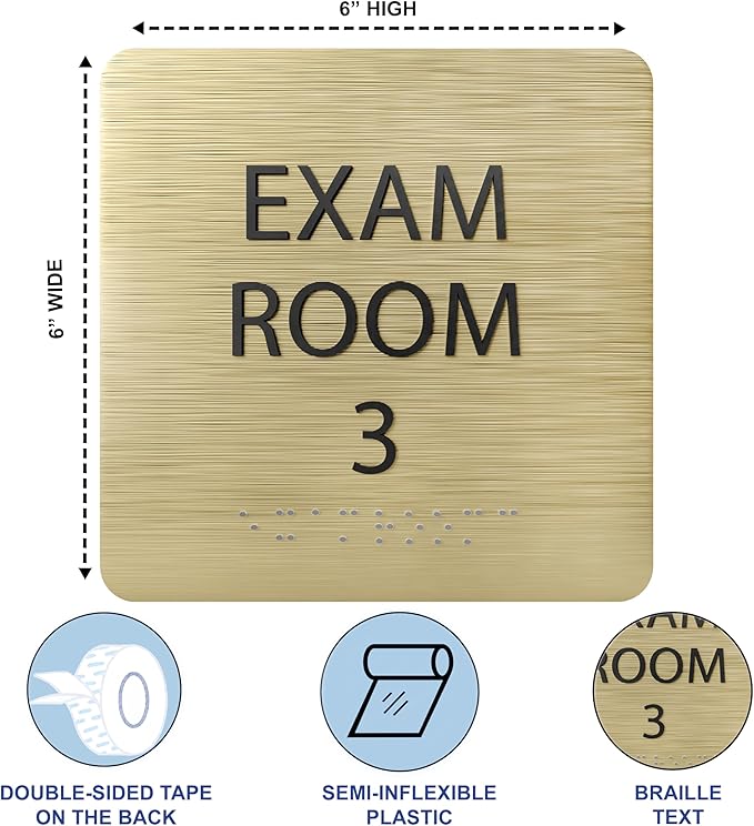 ADA CENTRAL SIGNS - 6" X6" Exam Room 3 Sign - ADA Compliant Tactile Graphics Grade 2 Braille Text Acrylic Wall Signs - Educational Institution Directional Assistance Test Center Door Sign for Schools
