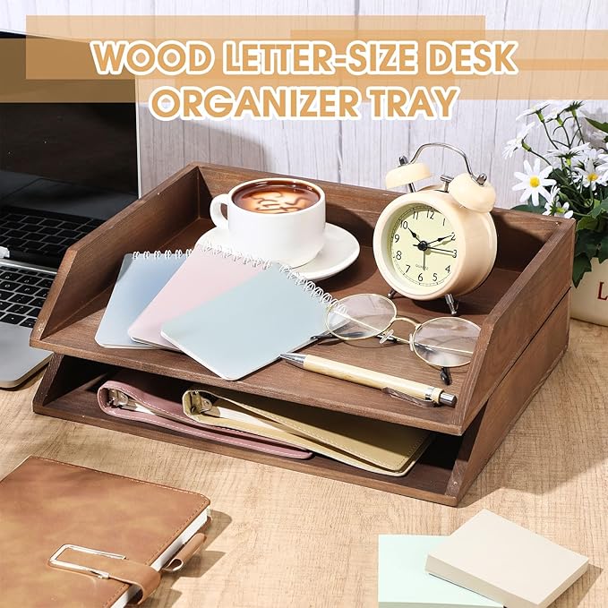 Beeveer 2 Pcs Wooden Letter Trays Wood Letter-Size Desk Organizer Heavy Duty 2 Tier Stackable Supports Paper Tray Desktop Drawer Organizer File Folder Magazine Office Accessories(Dark Wood)