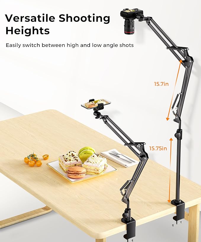 UBeesize Overhead Camera Mount with 360° Adjustable Arm & Phone Holder for TikTok Live Streaming Photography Studio Content Creation, Desk Mount for DSLR Cameras/Webcam/iPhone/Ring Light/Microphone