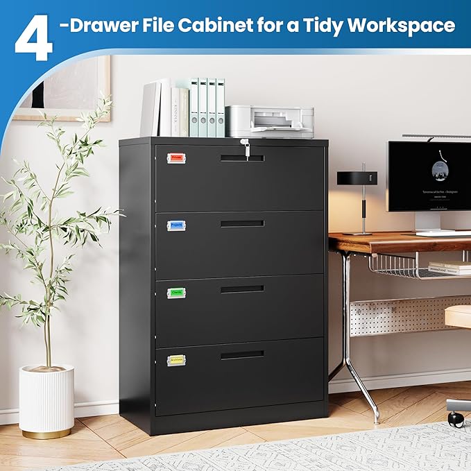 PEUKC 4 Drawer File Cabinet, Lateral Filing Cabinets for Home Office, Office Storage Drawers with Lock, Hanging Files Legal/Letter A4 Size (Assemble Required,Black)