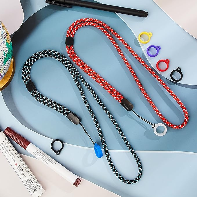 Chinco 16 Pcs Anti Lost Lanyard Set Include 2 Necklace Lanyards Safety Neck Strap with 14 Silicone Ring Soft Protective Ring(Blue, Red)