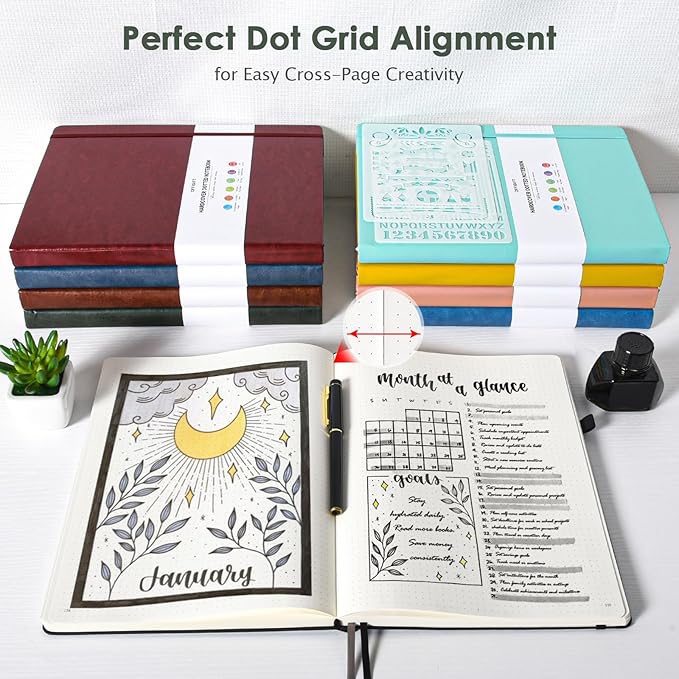 OFFIGIFT Bullet Dotted Journal, Large A4 Hardcover Leather Journal, 312 Numbered Pages Thick Journal, 100gsm No Bleed Paper Dot Grid Notebook for Women Men, 8.5'' × 11'', Green