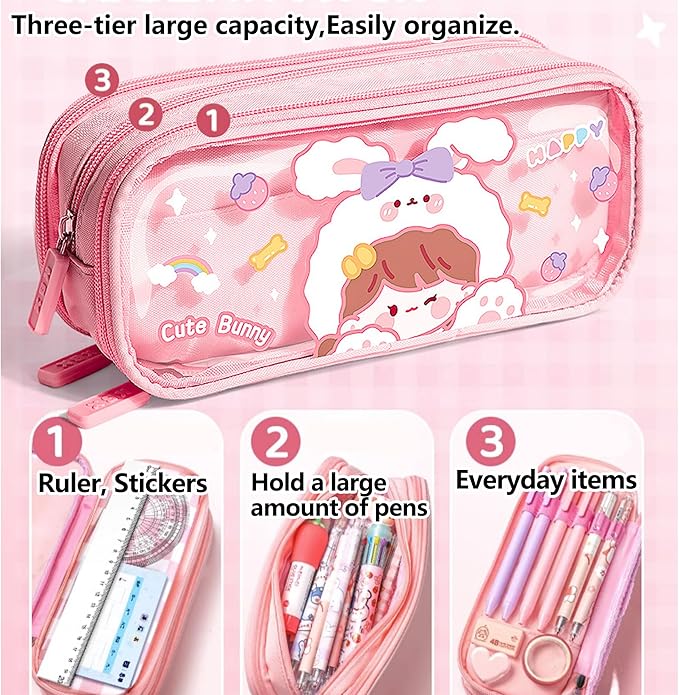UINSUE Cute Pen case Adorable Bunny Transparent 3-Layer Large Capacity Pencil Case Gadget organizer with Lovely Stickers (Pink-Bunny)