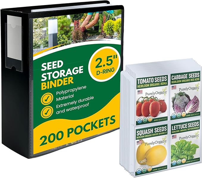 Performore Heavy-Duty Seed Storage Kit for Organizing Seed Packets, with 200 Pockets, 3.5 x 5.25'' Pocket Size, 50 Clear Pages w/ 4 Sleeves per, 2.5" Capacity, Cover is Solid Black Plastic