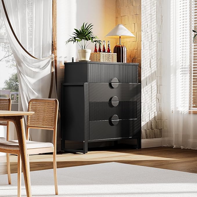 LGHM Fluted Dresser for Bedroom with 4 Drawers, Modern 4 Drawers Dressers with Semicylinder Fluted, Solid Chest of Drawers, 36" Tall Dresser with Bold Steel Frame, Metal Handles, Black