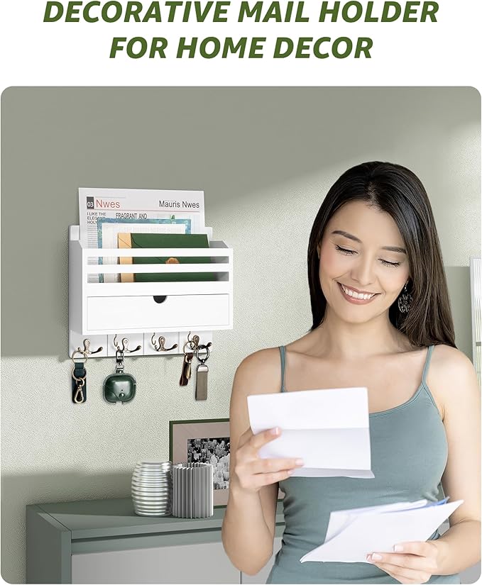 Rebee Vision Decorative Mail Organizer Wall Mount - Modern Key and Mail Holder for Wall with Drawer Organizer and 7 Key Hooks - Wall Decor Living Room for Apartment Essentials (White)