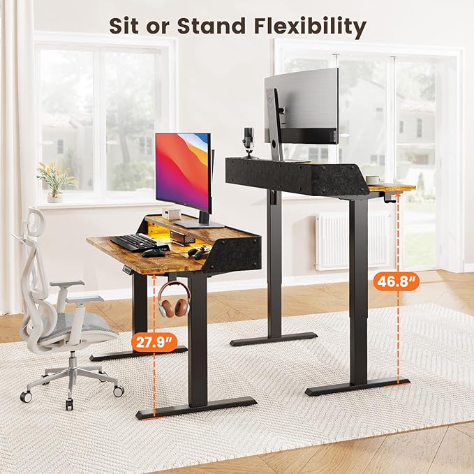 ErGear Standing Desk with LED Strip, 48″ x 24″ Electric Height Adjustable RGB Gaming Table with Shelf, Sit Stand Desk with Dual Cable Holes, C-Clamp Mount Compatible, 4 Preset Heights, Vintage Brown