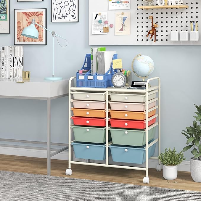 Giantex 12 Drawer Rolling Storage Cart Tools Scrapbook Paper Office School Organizer (Macaron)