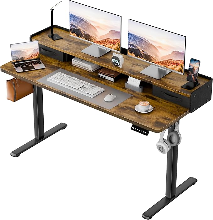 Homall Electric Standing Desk with 2 Drawers, Adjustable Height Computer Desk with Monitor Shelf Sit Stand Table with Splice Board Quick Install for Home Office (Rustic Brown, 48 Inch)