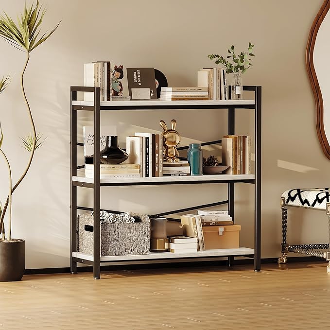 Book Shelf, 3 Tier Bookshelf 31.49" Width, Book Shelf Storage and Organization, Wooden and Metal Industrial Bookcase, Large Book Shelves for Home Living Room Bedroom Office Storage(White)