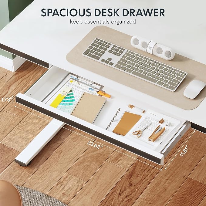 FLEXISPOT One-Piece 48" Standing Desk with Acrylic-Front Drawer, Fast-Assembly Ergonomic Sit-to-Stand Desk with MDF Top, 4 Height Memory Presets Touch-Control, Home Office Computer Workstation, White