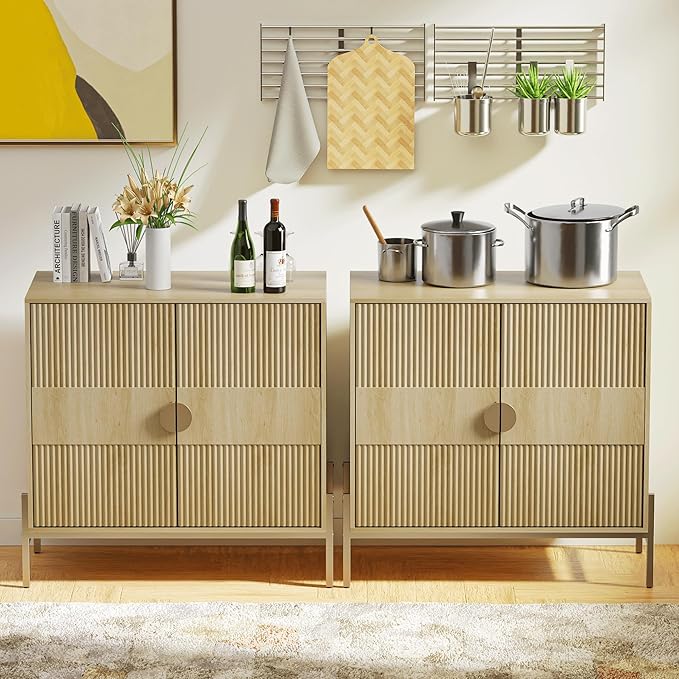 HOCAT 30.7" Accent Cabinet, Modern Buffet Cabinet with Gold Metal Legs, Fluted Sideboard for Dining Room, Kitchen, Oak