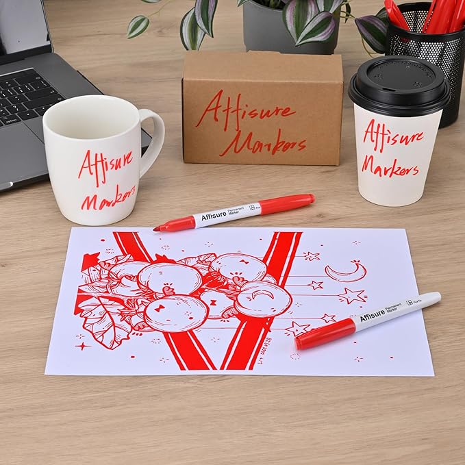 Affisure Red Permanent Markers Bulk, 75 Count, Quick Drying and Fade Resistant, Fine Point Marker works on Paper, Plastic, Metal, Wood, Perfect for Classroom, Home, Office