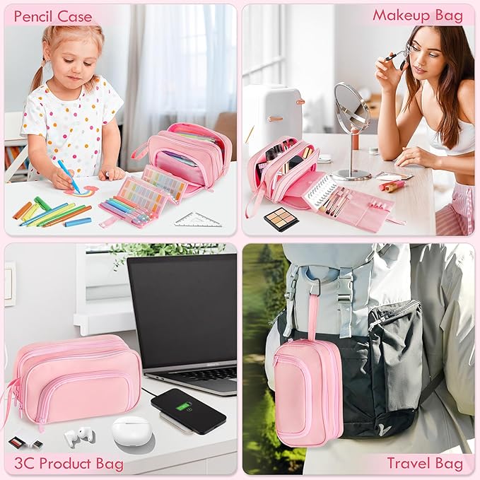 SANANT Large Capacity Pencil Case with Pull-out Structure - Multifunctional Extra Big Pencil Pouch Pen bag, Portable Stationery Organizer with Zipper, College Office School Supplies for Girls, Pink