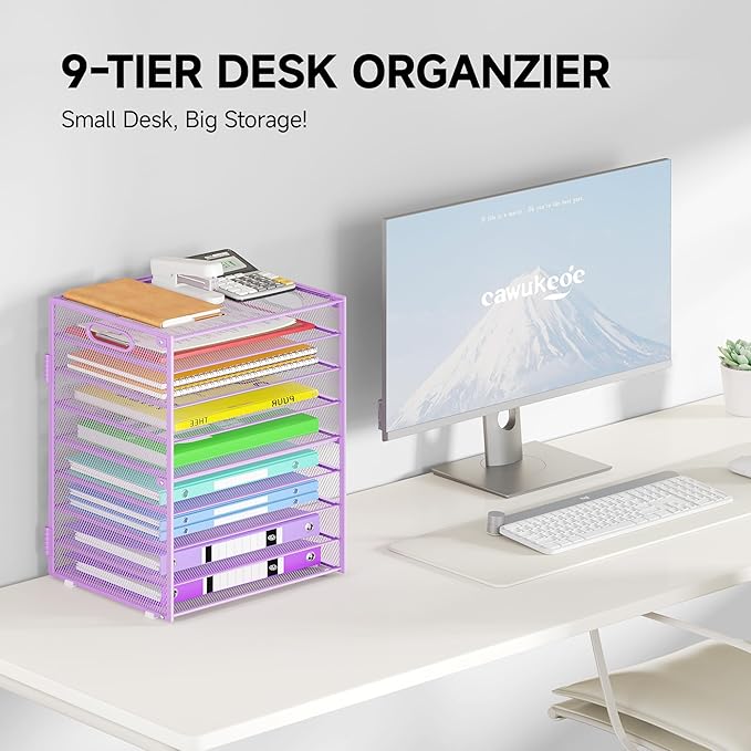 Cawukege 9 Tier Paper Organizer with Handle, Large Capacity Desk Organizer Mesh File Folder Letter Paper Tray Desktop Document Sorter for Classroom, School, and Office Accessories Organization- Purple