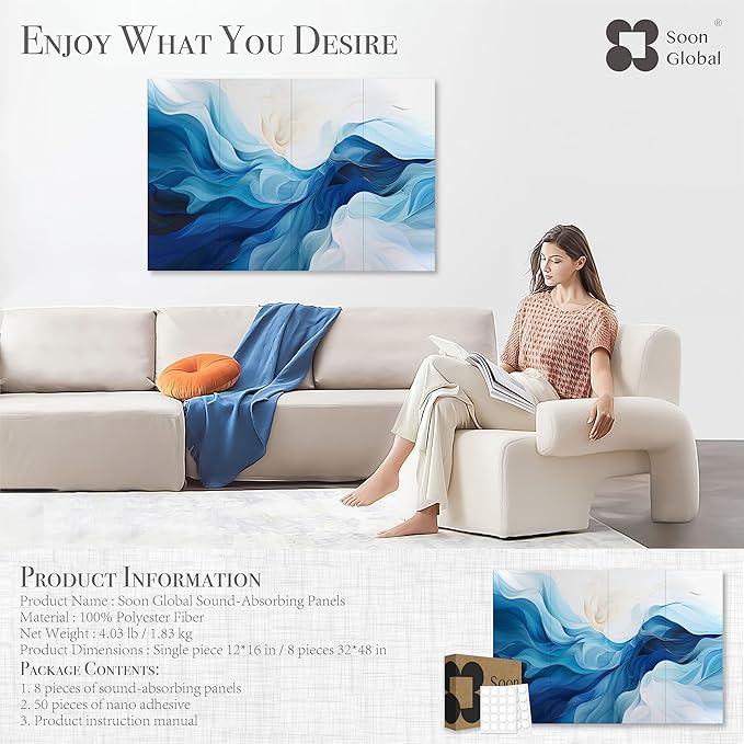 Soon Global 8-Pack Acoustic Panels, Soundproof Wall Panels, 48 X 32 Inches Sound Absorbing Panels, Decorative Acoustical Wall Panels, Acoustic Treatment for Recording Studio, Harmony in Azure