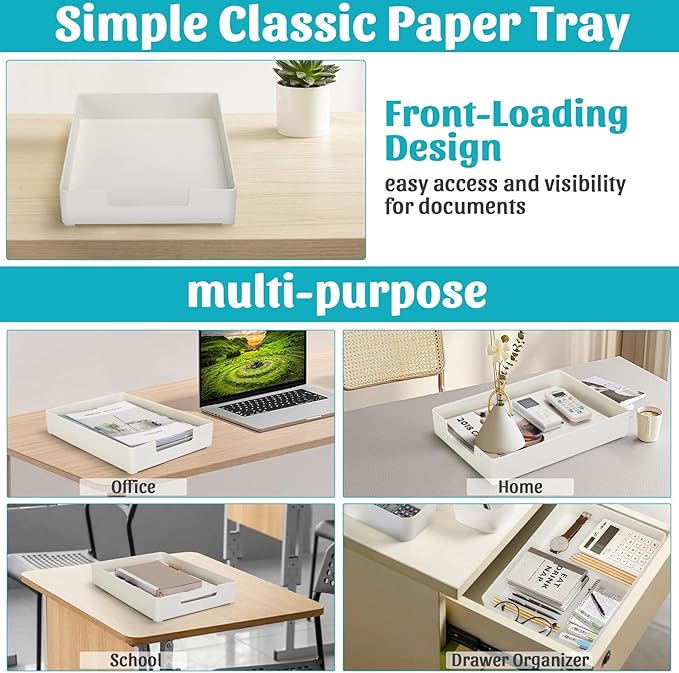 AZFUNN Letter-Size Tray Desk Letter Tray Paper Tray, Sturdy Heavy-Duty Plastic Printer Paper Tray, Single-Tier Stackable File Storage Organizer for Office Home (1, White)