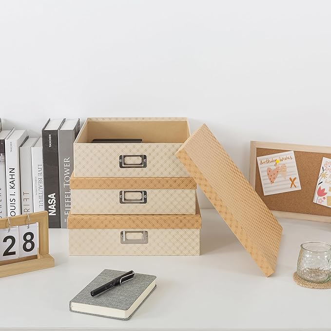 Soul & Lane Decorative Storage Boxes with Lids for Organizing, Set of 3 Jumbo Scrapbook Letter Storage Boxes for Documents, Photos, Keepsakes, Memories, Geometric Check