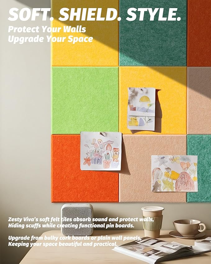 Felt Wall Tiles Bulletin Boards, Colorful Square Modular Design, Removable Cork Board Alternative for Wall, Felt Display Panels for Home, Office, Playroom 11.8”x11.8”, 9 Pack (Zesty Viva)