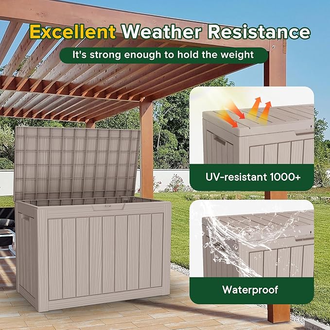 Decksplore 45 Gallon Outdoor Storage Box Waterproof Lockable Resin Deck Box Large, Patio Storage Bin for Pool Accessories Cushion Furniture, Garden Tools, UV-Resistant Outside Delivery Light Coffee