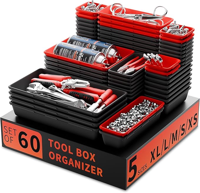 FLYVOLE Tool Box Organizer Tray, Toolbox Desk Drawer Organizer, Tool Box Tray, Toolbox Organization Storage for Rolling Tool Chest (60PCS (Black+Red))
