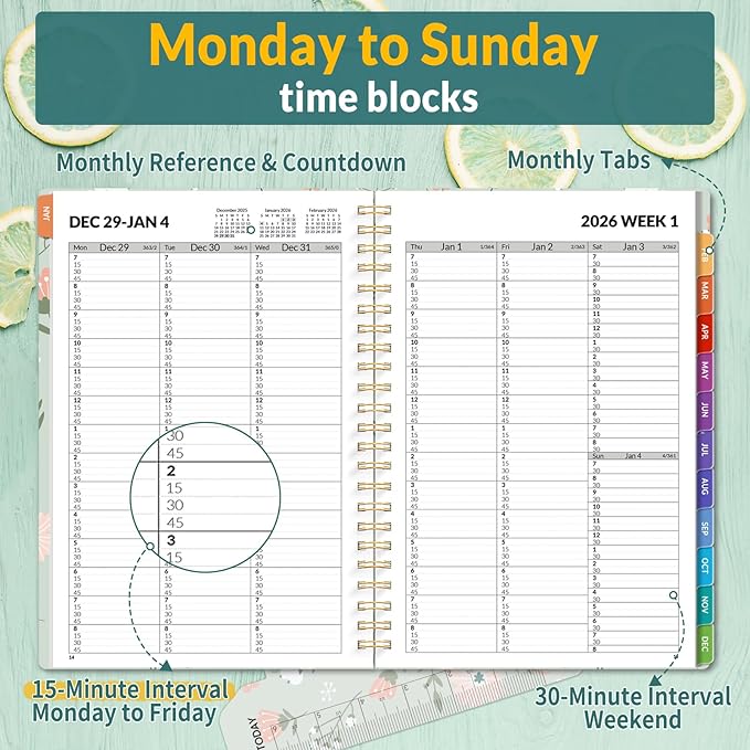 SUNEE 2026 Appointment Book, Quarter-Hourly, Weekly & Monthly - from January 2026 - December 2026, 6.4"x8.3" Weekly Planner, Flexible Cover, Note Pages, Pockets, Bookmark, Green Wildflowers