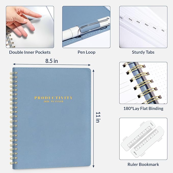SUNEE 2026 Planner 8.5" x 11" – Dated Productivity Planner for Time Management - Daily,Weekly & Monthly Planner to Achieve Goals - Planner 2026 dated from January 2026 – December 2026,Grey Blue