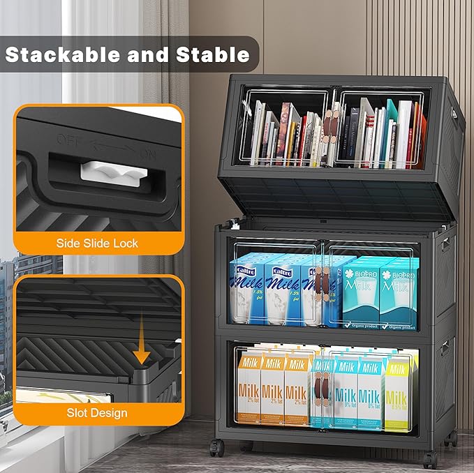 UAMFURI Extra Large Stackable Storage Bins with Lids & Wheels & Door, 312QT-52QT/13GAL*6Pack Foldable Collapsible Closet Organizers, Plastic containers drawers for bedroom Dorm