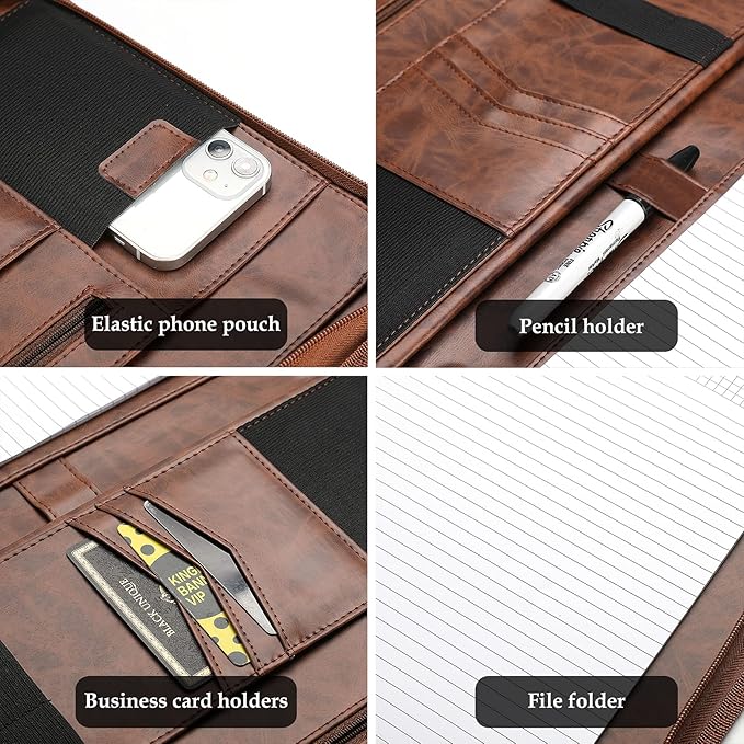 ProCase Portfolio Business Padfolio Folder with Zipper, Conference Meeting Executive File Legal Document Organizer with Pockets Letter Size A4 Writing Pad Notepad Padfolio -Brown
