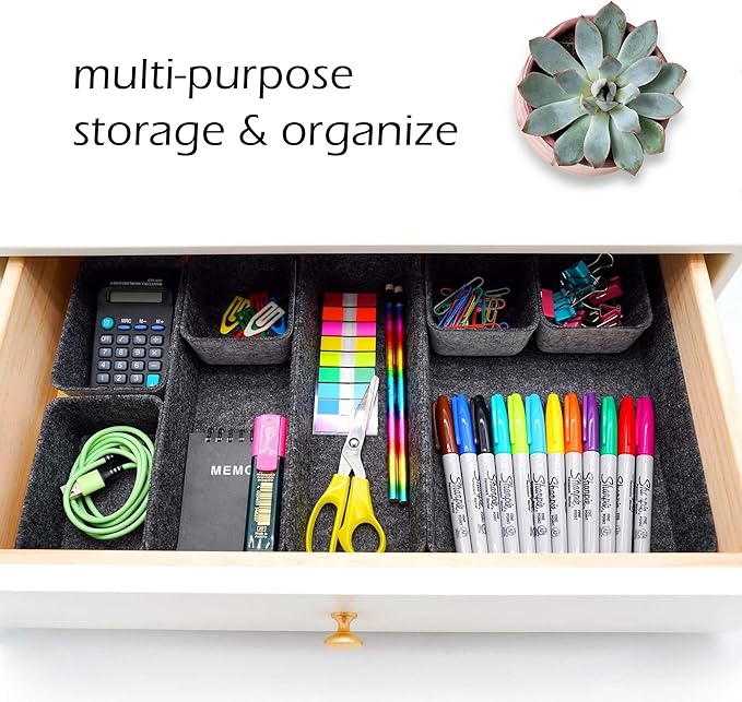Welaxy Desk Drawer Organizer Tray, 8-Piece Shallow Felt Office Storage for Pens & Accessories (Charcoal)