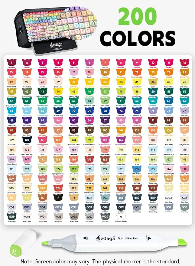 AEDAGA 200 Colors Alcohol Markers with Free App, Dual Tip Art Marker with Kickstand Case for Artists Adults. Alcohol Based Markers for Coloring Painting Sketching and Drawing, Great Gift