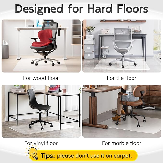 HOMEK Office Chair Mat for Hardwood Floor, 46”x 60” Crystal Clear Hard Floor Chair Mat, Transparent Floor Protector Mat Flat Without Curling
