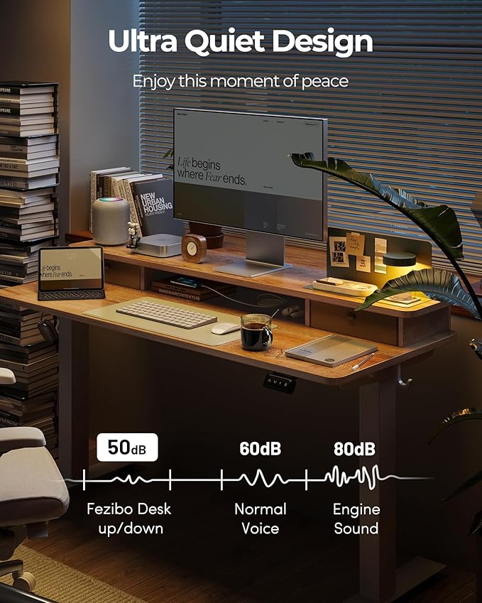 FEZIBO 40 x 24 Inch Height Adjustable Electric Standing Desk with Double Drawer, Stand up Home Office Computer Desk with 4 Height-Adjustable Feets & 2 Hooks, Maple