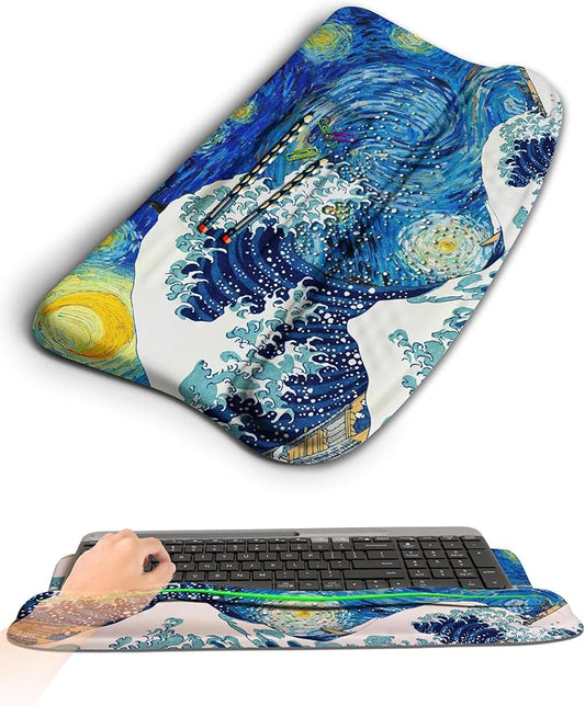 KUOSGM Ergonomic Wave Wrist Rest with Keyboard Stand, Cushioned Palm Rest, Comfortable Integrated Memory Foam for Natural Typing and Relieve Wrist Pain, Starry Night Waves