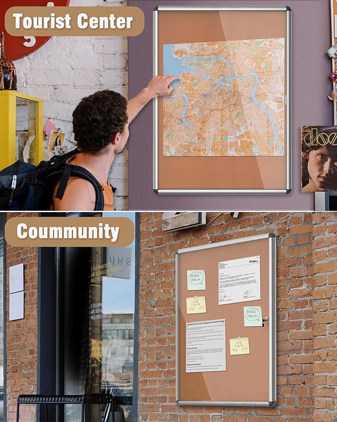 Mifuro 38"x28" Enclosed Bulletin Board, Lockable Weather-Resistant Aluminum Cork Noticeboard for School & Office, Silver Frame w/Cork