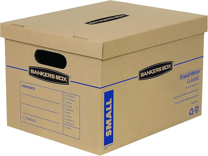 Bankers Box Small Classic Moving Box 5 Pack, Reinforced Handles, Tape-Free Assembly, Box with Lid, 15-in x 12-in x 10-in (7714902)