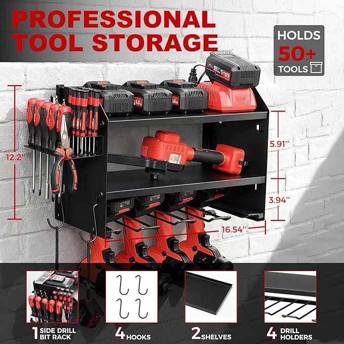 Power Tool Organizer Wall Mount with Charging Station, Heavy Duty 3 Layer Garage Tool Storage with 4 Cordless Drill Holder 8 Outlet Power Strip, Gift for Men Husband Dad Birthday Anniversary black