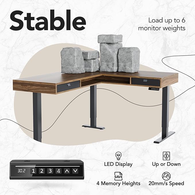 HUANUO Electric L Shaped Standing Desk, 63″x55″ Height Adjustable Corner Computer Desk with 2 Under Desk Drawers & Open Storage Sapce, Sit Stand Up Table with Power Strip Tray & Cable Grommets, Walnut
