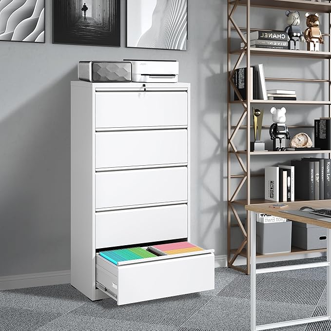 FLIXELIO 5 Drawer Metal Office Storage Filing Cabinet with Lock, White Lateral File Cabinet for Home Office, Horizontal Locking for Legal/Letter/A4, Assembly Required
