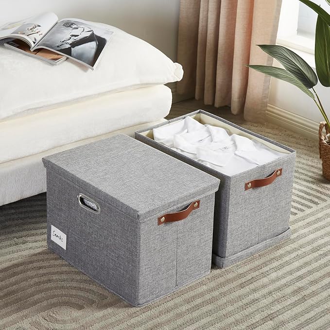 Roobyl 17" Large Collapsible Storage Bins with Lids, Stackable Closet Organizers with PU Handle and Labels, 3-Pack Decorative Fabric Storage Boxes for Home, Bedroom, Closet, Office, Nursery(Gray)