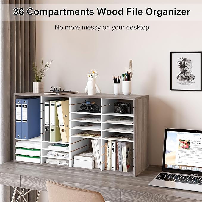 EasyPAG Wooden Literature Organizer with Adjustable Shelves, 36 Compartments Office Paper Organizer Storage 18000 Sheets Letter Size Paper, Student Mailbox for Classroom, Retro Gray/White