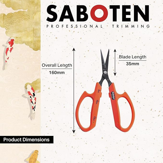 Saboten Fluorine Coated Angled Blade Trimming Scissors Orange PT-2 160mm Precision Gardening Bonsai and Floral Shears Made in Japan
