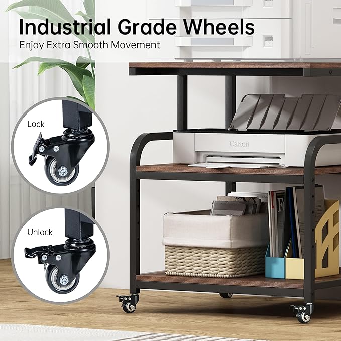 Fannova 23.6" Deep Extra Large Printer Stand, 3 Tier Printer Table with Adjustable Storage Shelf, Rolling Printer Cart with Industrial Wheels for Home Office, Rustic Brown