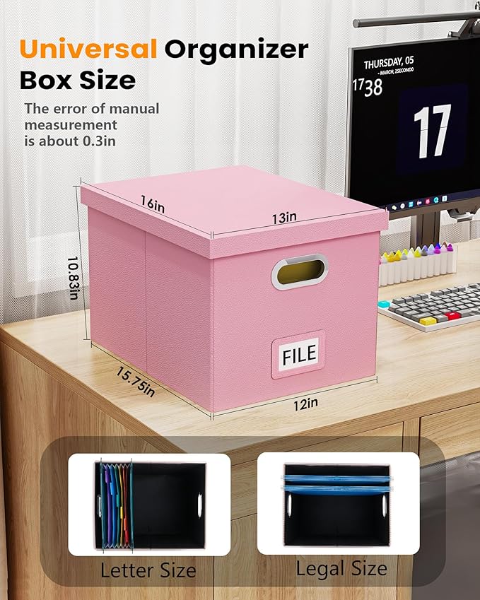 2 Pack Pink Leather File Storage Organizer with Lid - Portable Filing Box for Letter/Legal File Folder Storage