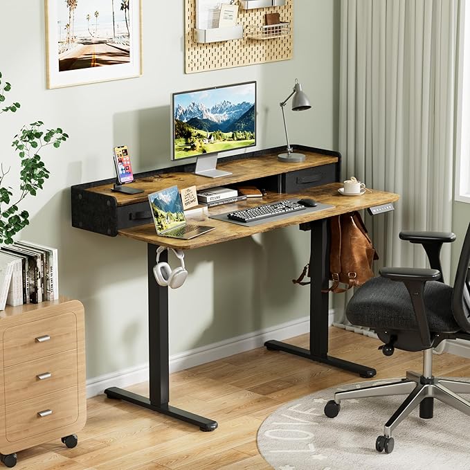 Homall Electric Standing Desk with 2 Drawers, Adjustable Height Computer Desk with Monitor Shelf Sit Stand Table with Splice Board Quick Install for Home Office (Rustic Brown, 48 Inch)