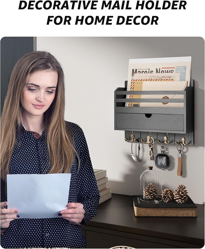Rebee Vision Decorative Mail Organizer - Wood Key Holder Wall Mount with Storage Drawer and 7 Key Hooks - Home Decor for Organizing Your Entryway, Hallway, or Office (Black)