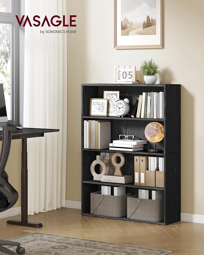 VASAGLE Custos Collection - Bookshelf, 4-Tier Bookcase, Book Shelf, Open Storage Shelf, 9.4 x 31.5 x 42.5 Inches, for Living Room, Home Office, Dining Room, Ebony Black ULBC174B01