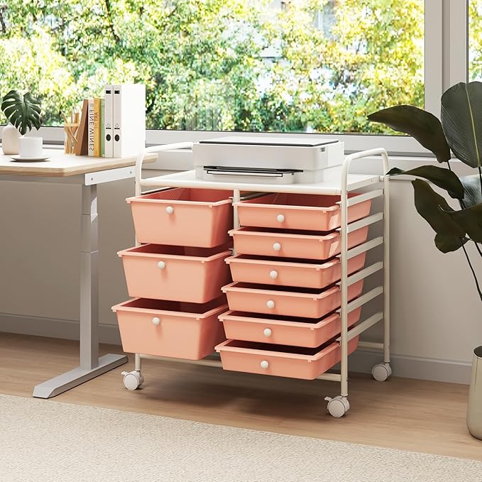 LDAILY 9 Drawer Rolling Storage Cart, Rolling Cart with Drawers for Classroom, Art Supply Craft Organizer on Wheel with Metal Frame & Handles for Home Office School