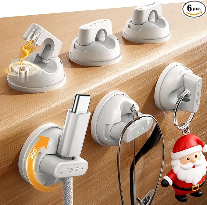 6-Pack Rotatable Cord Holder for Nightstand, LISEN 360°Rotating Magnetic Clips, No-Residue Adhesive Cable Management Clips Neatly for Nightstand, Desk, Home, Office, Car, Cubicle Accessories, White